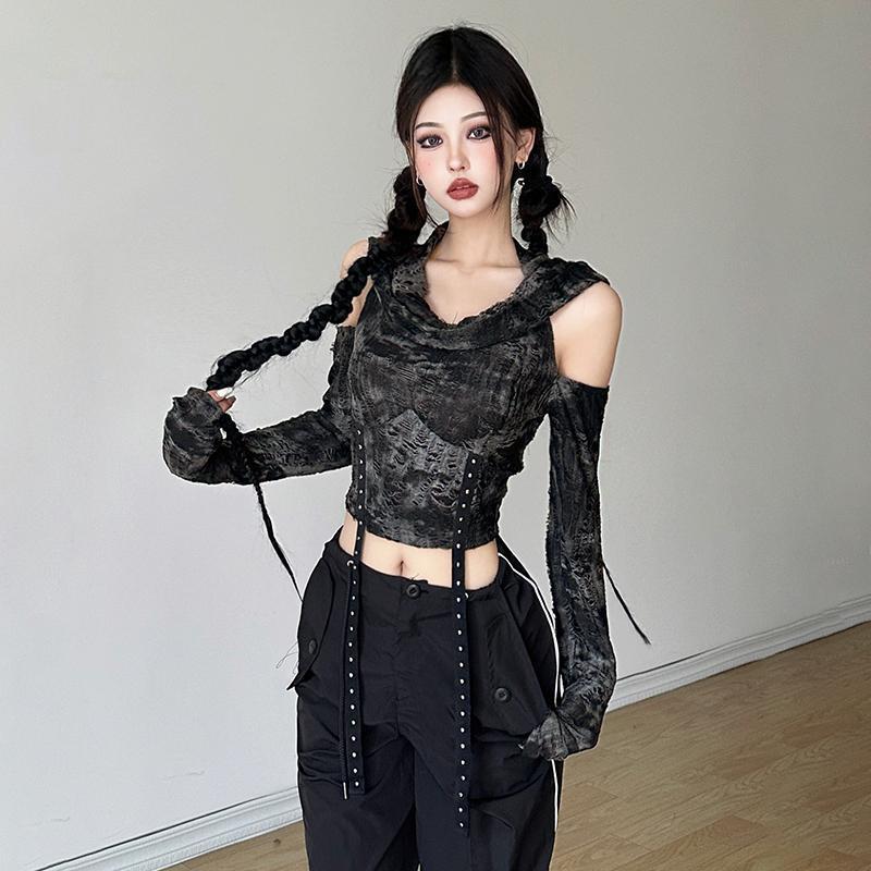 Street Fashion Y2K - オフショルダーのパーカー、長袖Tシャツ、レディース、ブラック、カジュアル、スリムフィット、ストリートウェア、Y2K、原宿風、秋・冬用ブラウス。