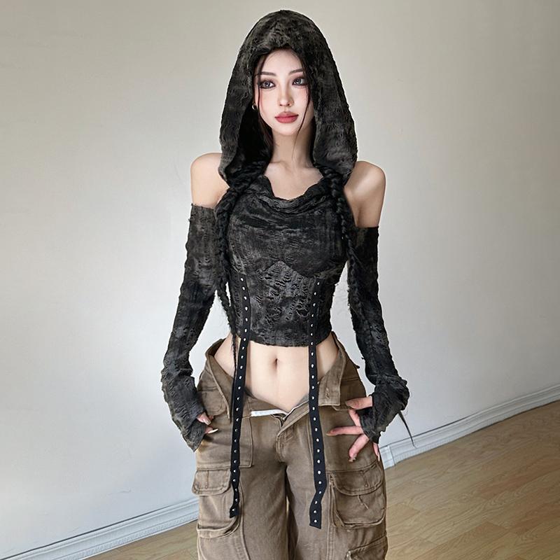 オフショルダーのパーカー、長袖Tシャツ、レディース、ブラック - Street Fashion Y2K のレビューと価格