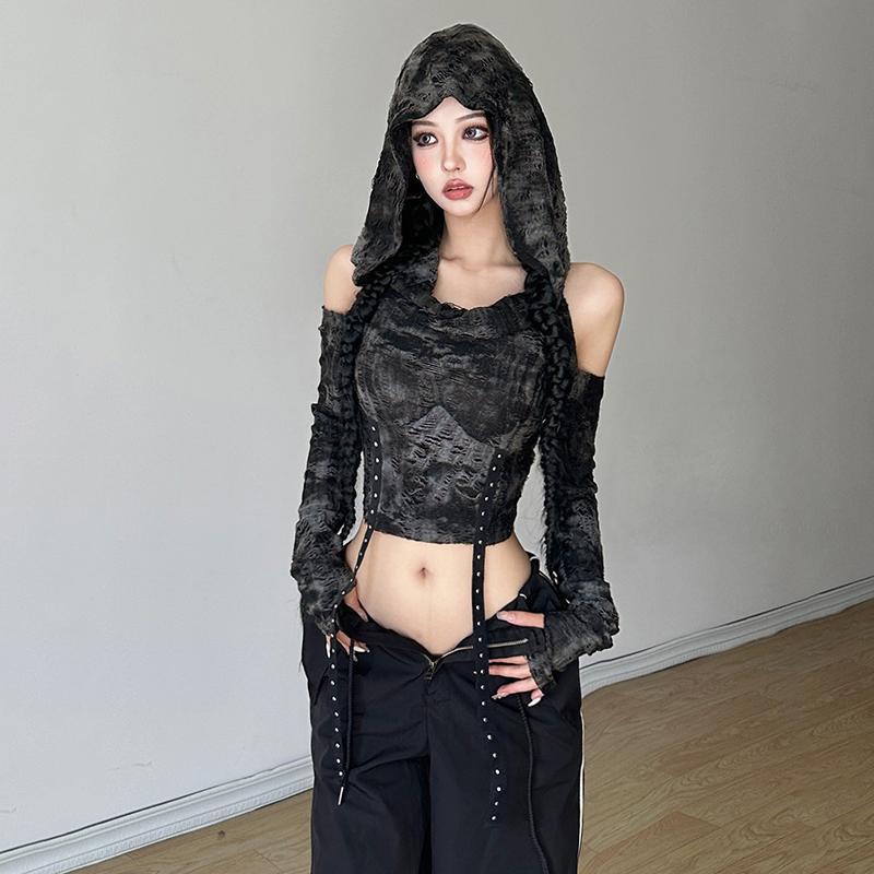 オフショルダーのパーカー、長袖Tシャツ、レディース、ブラック - Street Fashion Y2K のレビューと価格