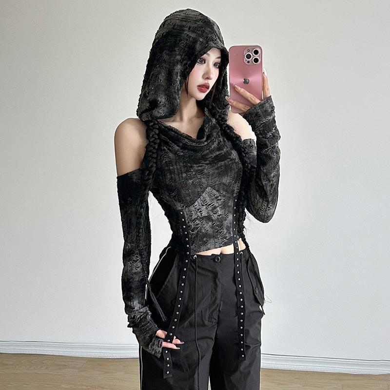 オフショルダーのパーカー、長袖Tシャツ、レディース、ブラック - Street Fashion Y2K のレビューと価格